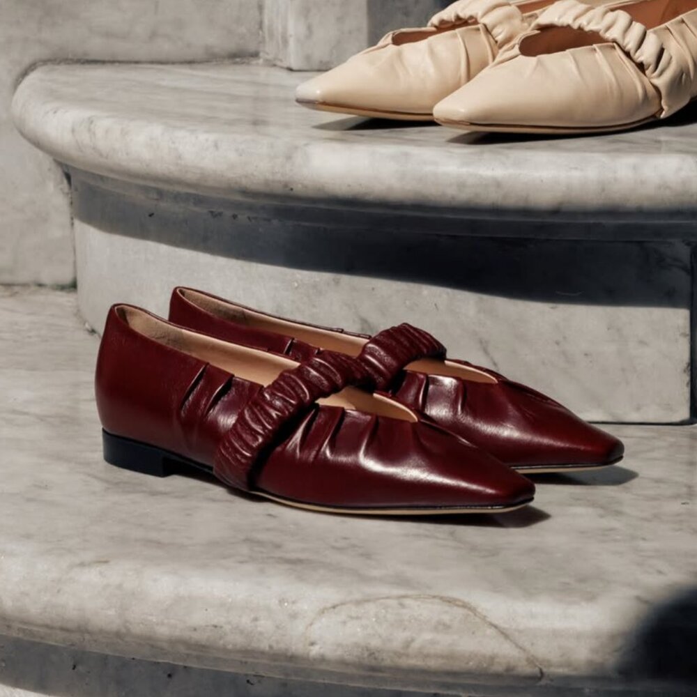 RODO Janel Ballerina Leather Ruched Mary Jane Flats Burgundy $880 EUC Sz 37